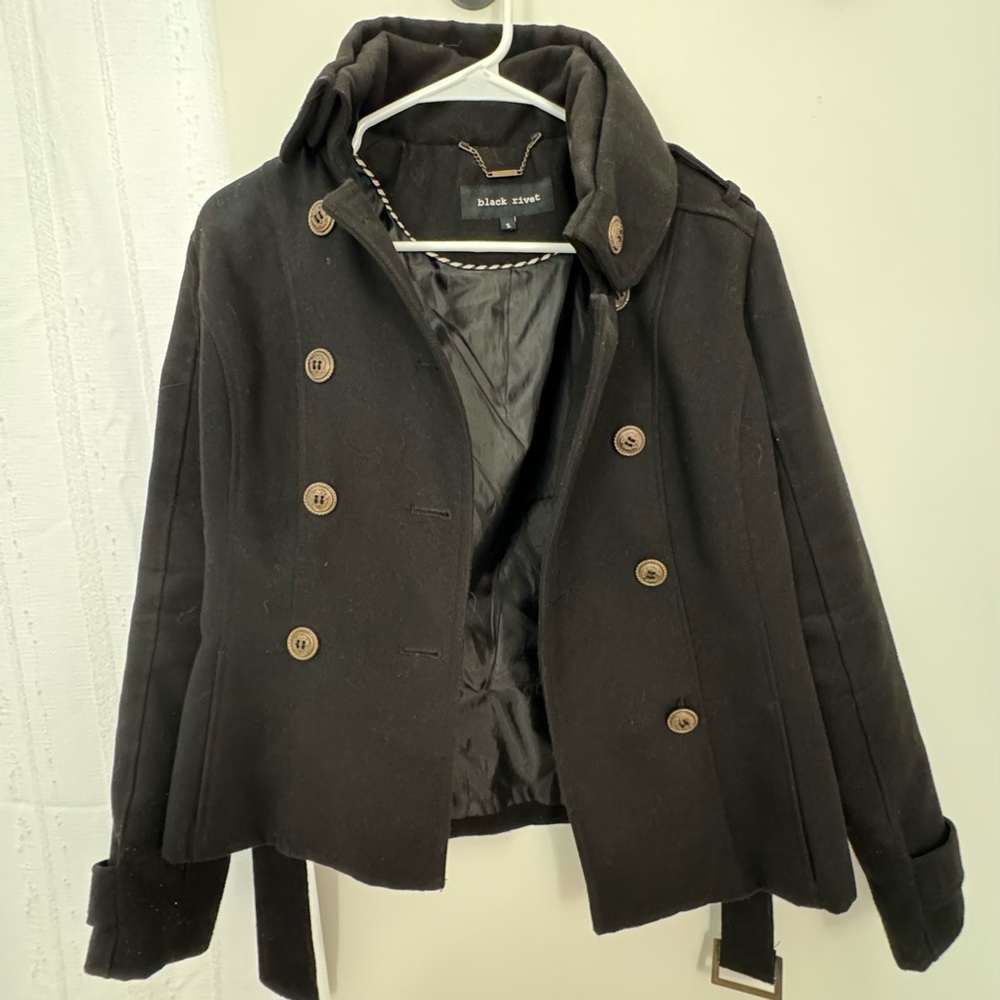 Black Rivet Double-Breasted Black Peacoat